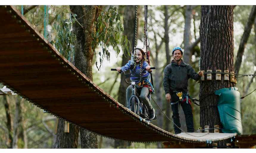 Kids outdoor activities Perth: Forest Adventures - an exciting 2-hour high ropes course in Perth (Tarzan ropes, a 13-metre base jump, BMX on a wire and Spider webs).