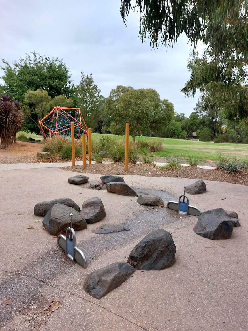 The fantastic Halliday Park Playground with heaps of fun activities, including water play.