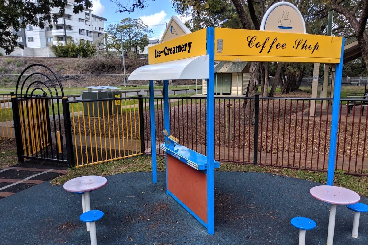 Ice cream and coffee shop storefront & unique imaginative play opportunities @ Milton Park Playground in Brisbane.