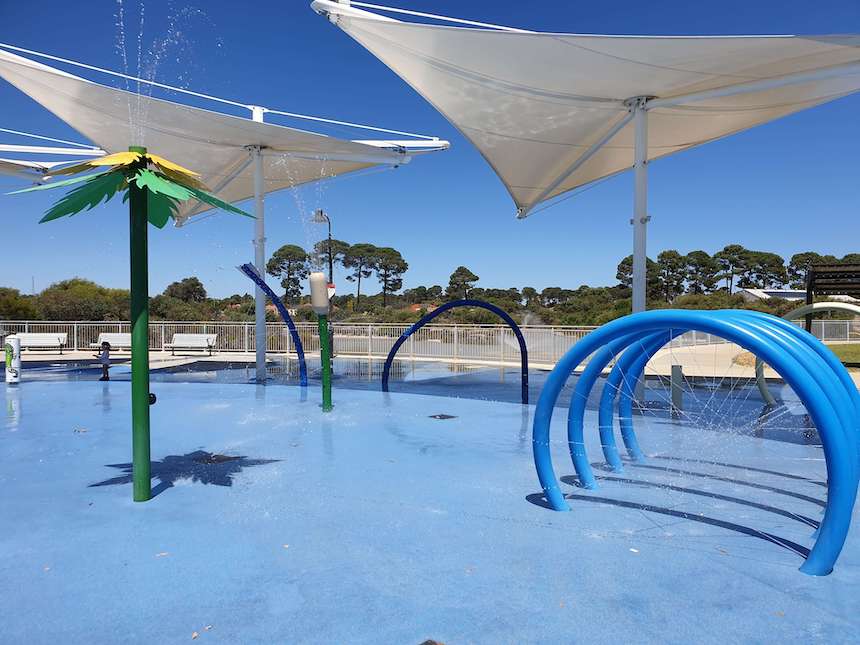 Rainbow Waters Playground in Ellenbrook is a great water play space with a variety of sprinklers to cool off on hot days.