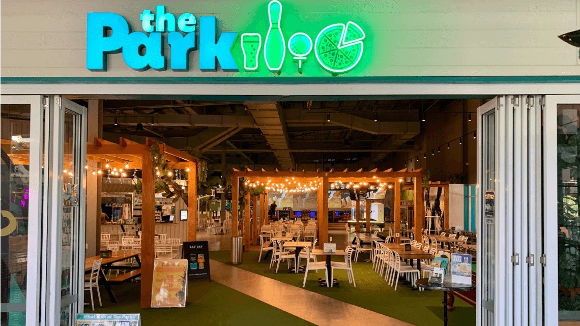 The Park storefront in Westfield Coomera: Arcade games, bowling, mini golf and delicious pizza.