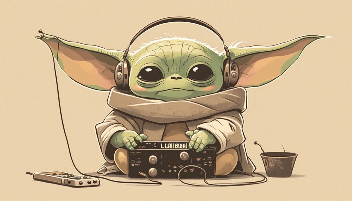 Yoda, the last Grand Master of the Jedi Order, is listening to music.