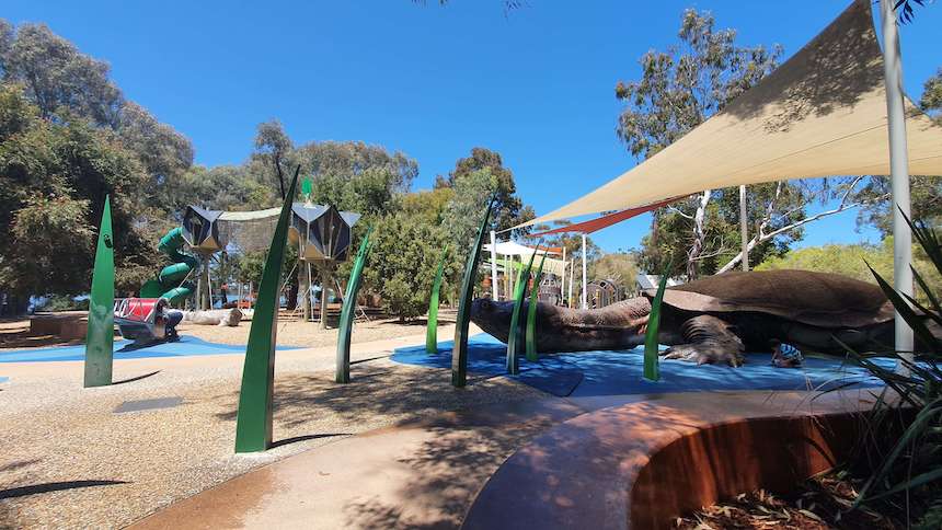 While Bibra Lake Regional Playground is mostly a dry nature play space, it has water pumps and tall sprinklers.