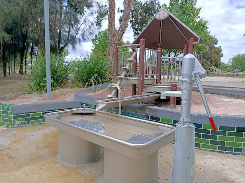 Buckingham Reserve Playground, a castle-themed playspace with water park features (Melbourne West).