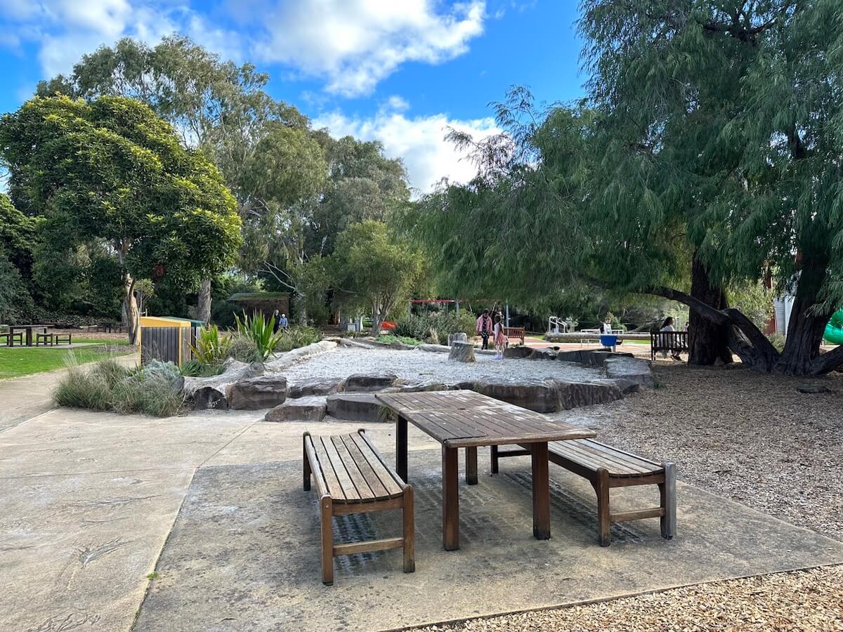 Picnic tables near the Children's Playground at George Pentland Botanic Gardens.