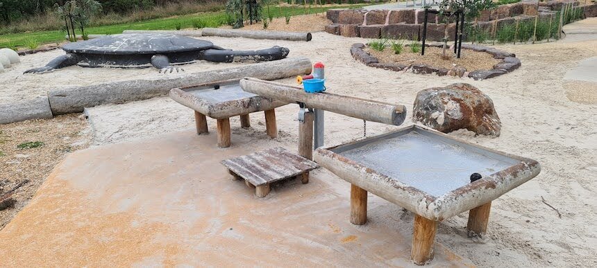 Water play tables, a water pump and a huge sandpit @ Jells Park Playscape, East Melbourne.