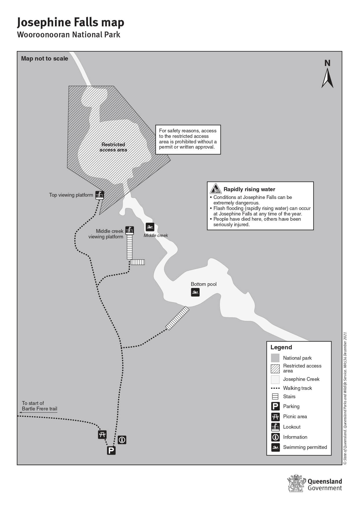Josephine Falls map, Wooroonooran National Park, Queensland.