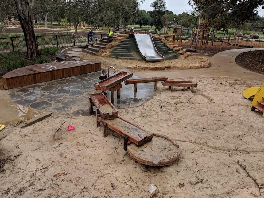 Marshmallow Playground in Adelaide has a fenced play area with sand play, water features and more outdoor activities for kids.