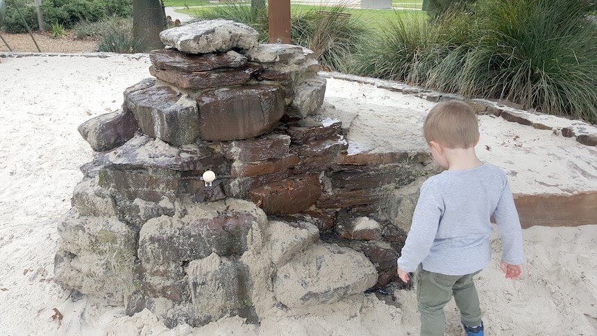 Great sand area with water play at McKenzie Reserve Playground, Yarra Glen, Victoria.