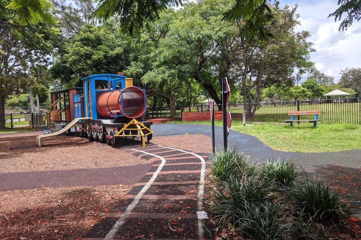 Model train play structure & unique imaginative play opportunities @ Milton Park Playground in Brisbane.
