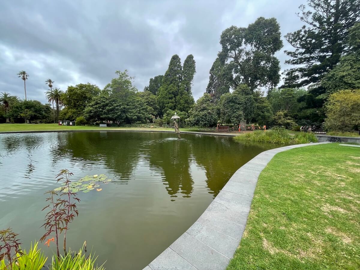 Ornamental Lake and The Rain Man Fountain at St Kilda Botanic Gardens.