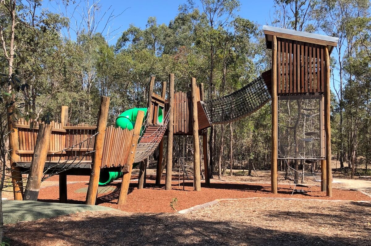 Fantastic climbing structures, bridges and a cubby house @ Warril Parkland Playground.