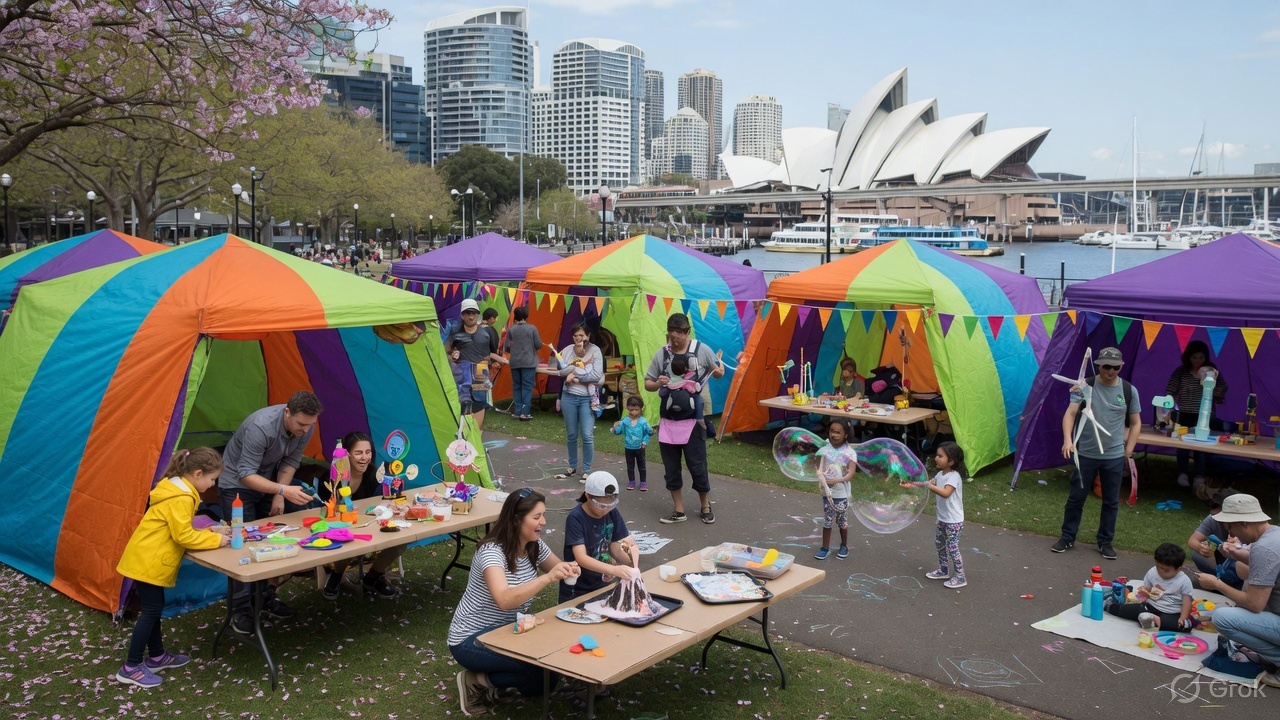 Kids making and experimenting at outdoor workshop tents