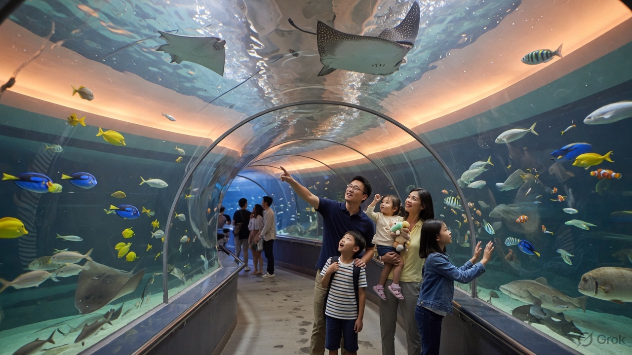 Family walking through the SEA LIFE Melbourne aquarium tunnel