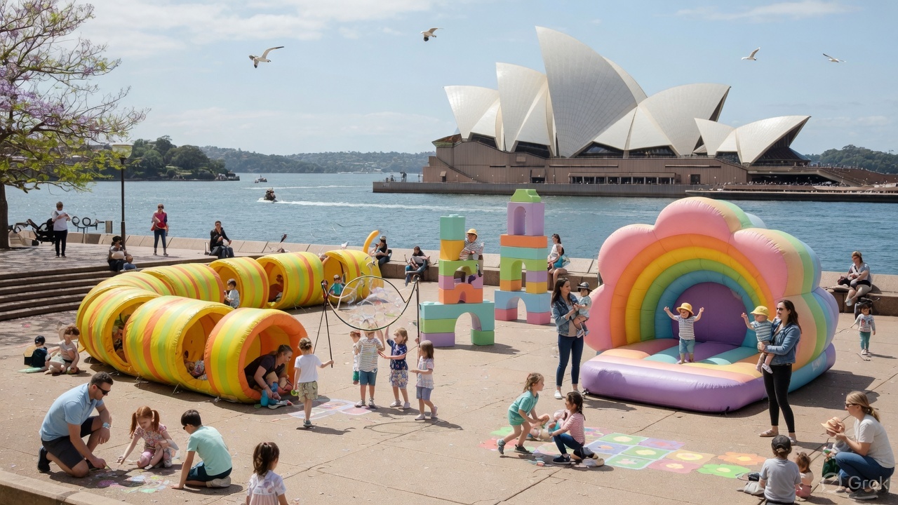 Families playing on the Sydney Opera House Forecourt during Wild Things
